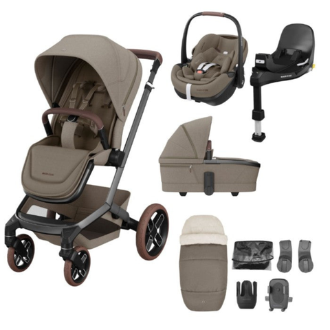 Maxi Cosi Fame 9pc Bundle - Twillic Truffle/Brown Wheels