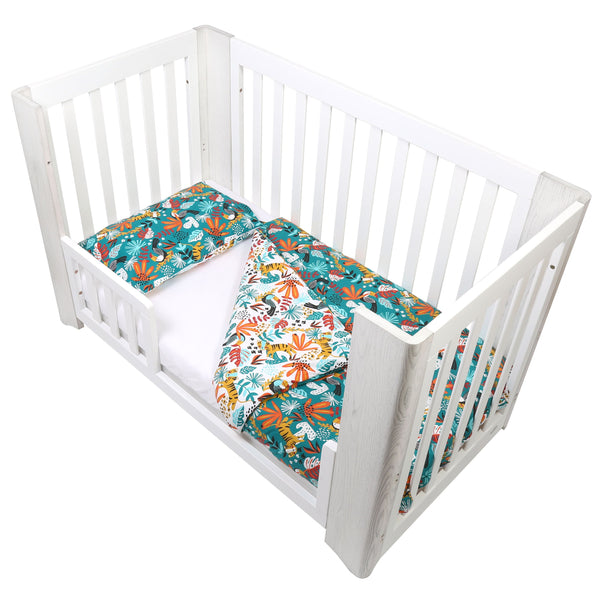 FORREST 3 Piece Reversible Cot Bed Set – Organic Cotton Baby Bedding - Rainforest